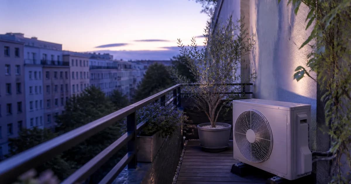 Außengerät einer mobilen Split-Klimaanlage auf dem Balkon einer Mietwohnung