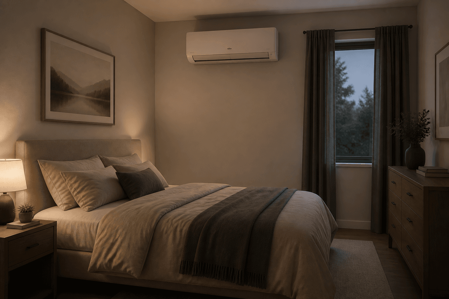 Ruhiges Schlafzimmer mit dezentem Klimagerät am Fenster